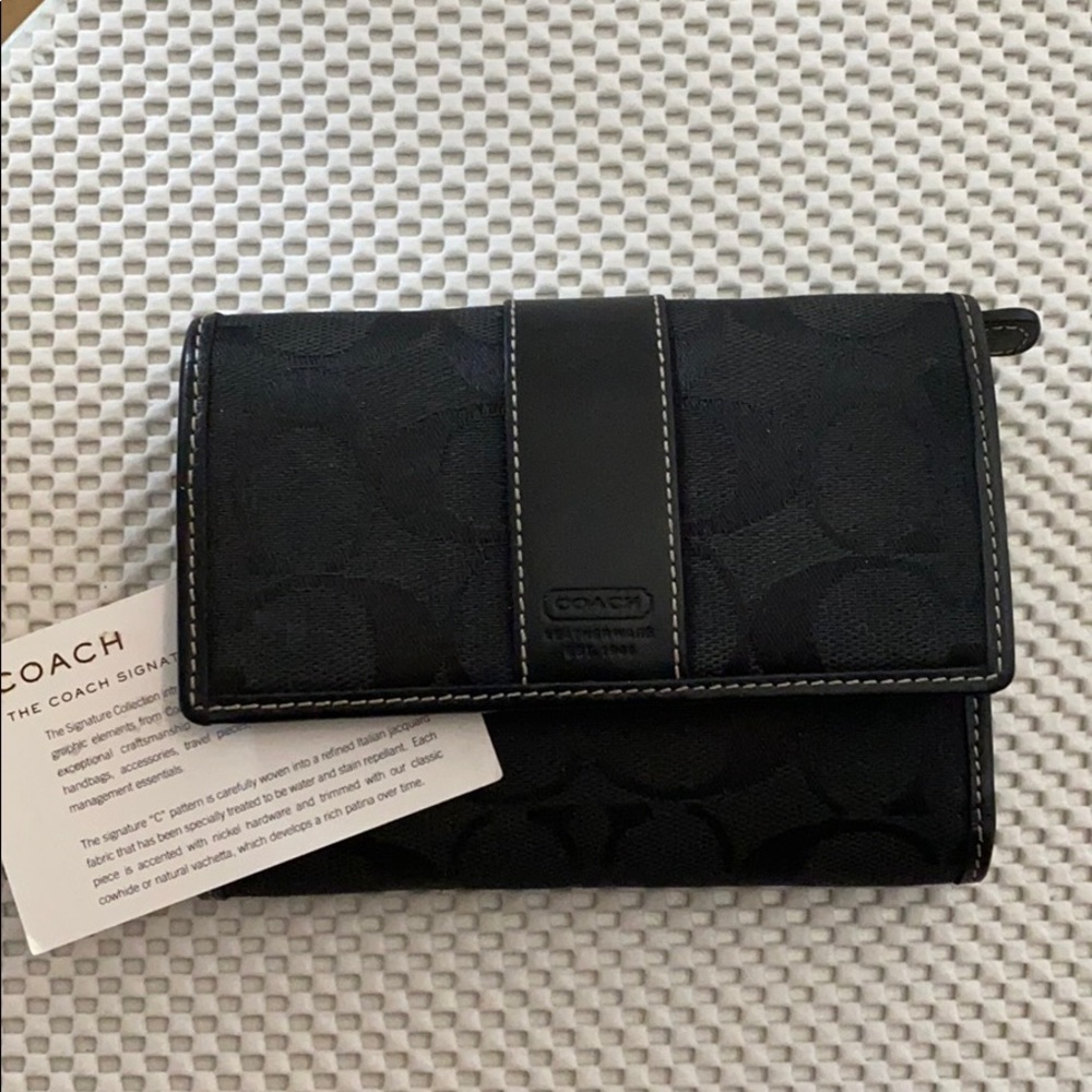 Coach Black Leather Jacquard Snap Wallet